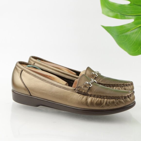 SAS Womens Metro Loafer Size 9 SLIM Bronze Gold Leather Bit Strap Flat Slip On - Picture 1 of 12